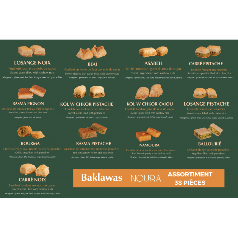 Coffret 38 baklawas Noura, présentation plateau pâtisseries feuilletées pistaches