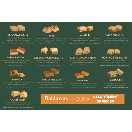 Coffret 38 baklawas Noura, présentation plateau pâtisseries feuilletées pistaches