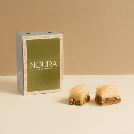 Boîte 6 baklawas Noura, présentation ouverte pâtisseries orientales pistaches