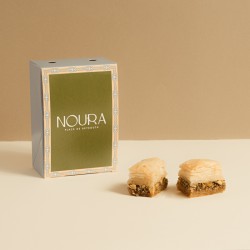 Baklawas Noura 6 pièces, gros plan détail feuilletage croustillant et miel